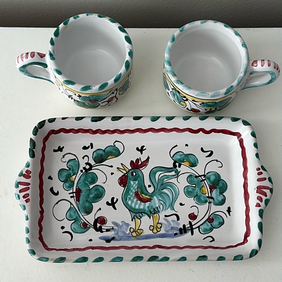 Deruta Rooster small Tray & Cups Made in Italy - Picture 2 of 3